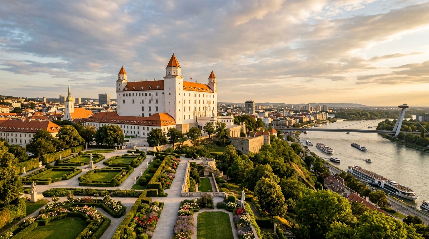 Bratislava Castle Visiting Guide: Tickets, History, Views & Old Town Access 1 Bratislava Castle perched on Castle Hill overlooking the Danube River and Baroque formal gardens in Slovakia (AI Generated Image)