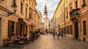 Cobblestone pedestrian street of Michalska looking towards Michaels Gate in Bratislava Old Town Slovakia during golden hour (AI Generated Image)