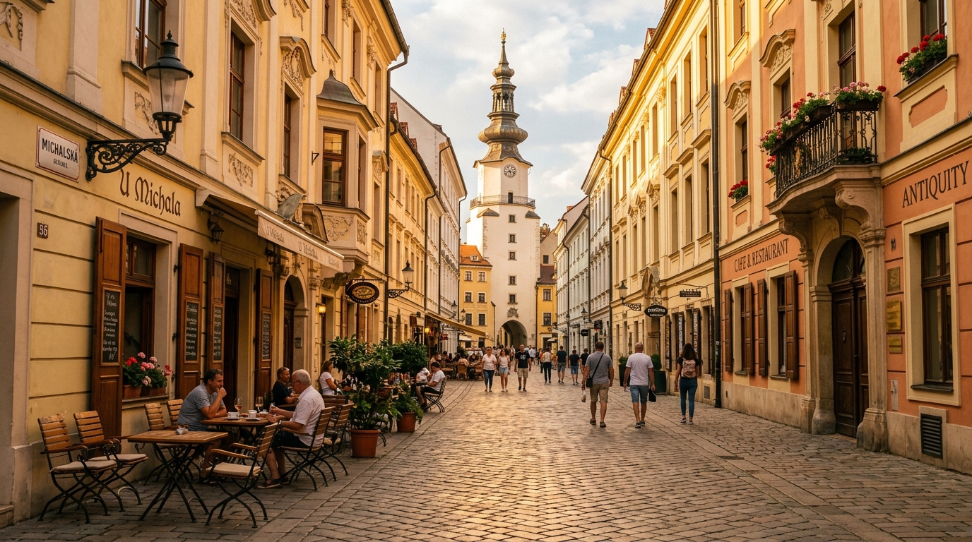 24 Hours in Bratislava: The Ultimate Walking Tour & Day Trip Guide 1 Cobblestone pedestrian street of Michalska looking towards Michaels Gate in Bratislava Old Town Slovakia during golden hour (AI Generated Image)