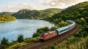 EuroCity international passenger train traveling along the scenic curves of the Danube Bend near Visegrad (AI Generated Image)