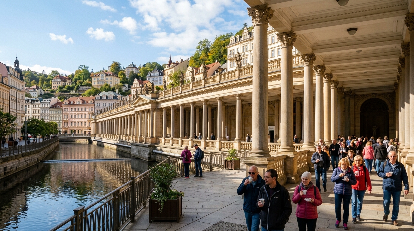 Karlovy Vary Spa Day Trip from Prague: Colonnades, Hot Springs & Spa Etiquette 1 Grand Mill Colonnade with Corinthian sandstone columns along the Tepla River with visitors sipping mineral water in Karlovy Vary (AI Generated Image)