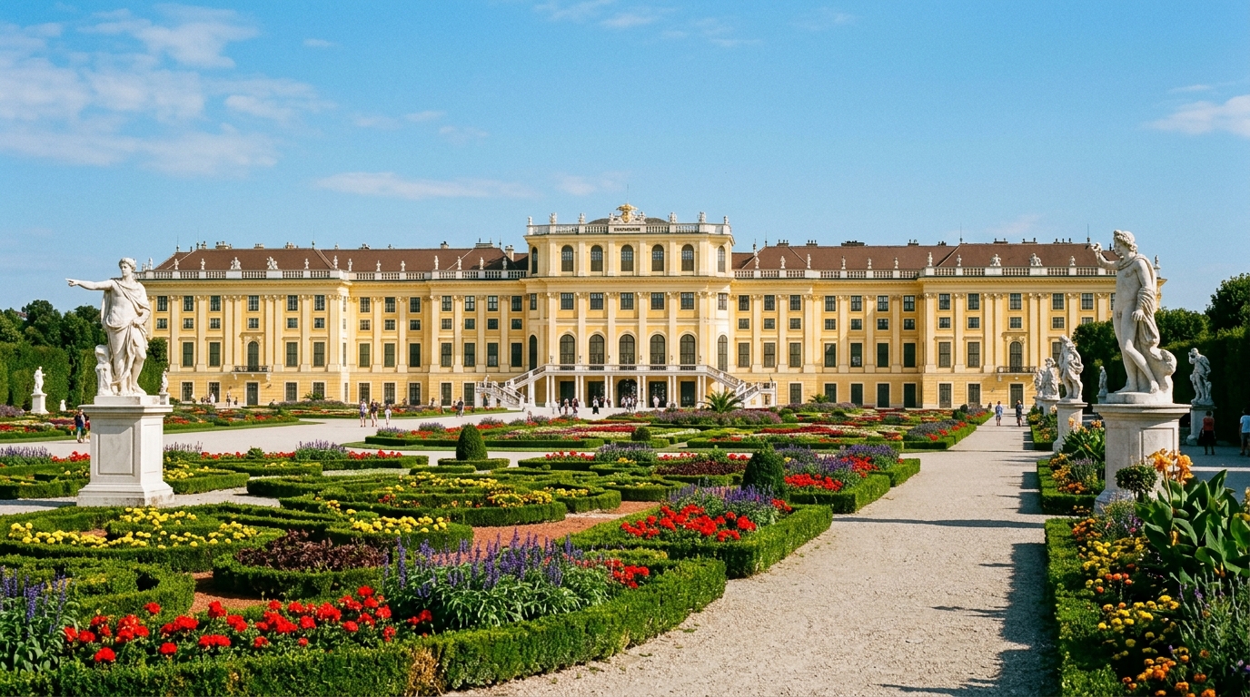 Schönbrunn Palace Visitor Guide: Grand Tour, Gardens & Imperial History 1 Yellow Baroque facade of Schonbrunn Palace in Vienna viewed across the manicured Great Parterre gardens with statues (AI Generated Image)