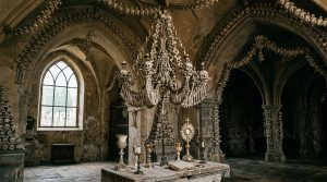 Atmospheric interior of Sedlec Ossuary bone church in Kutna Hora showing the famous chandelier made of human skulls and bones (AI Generated Image)