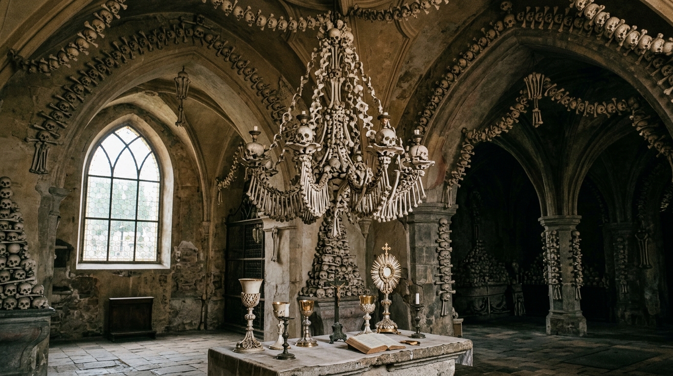Visiting the Kutná Hora Bone Church: Sedlec Ossuary Day Trip Guide from Prague 1 Atmospheric interior of Sedlec Ossuary bone church in Kutna Hora showing the famous chandelier made of human skulls and bones (AI Generated Image)