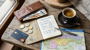 Travel wallet with Euro banknotes and coins alongside a travel budget notebook and map of Slovakia on a rustic cafe table (AI Generated Image)