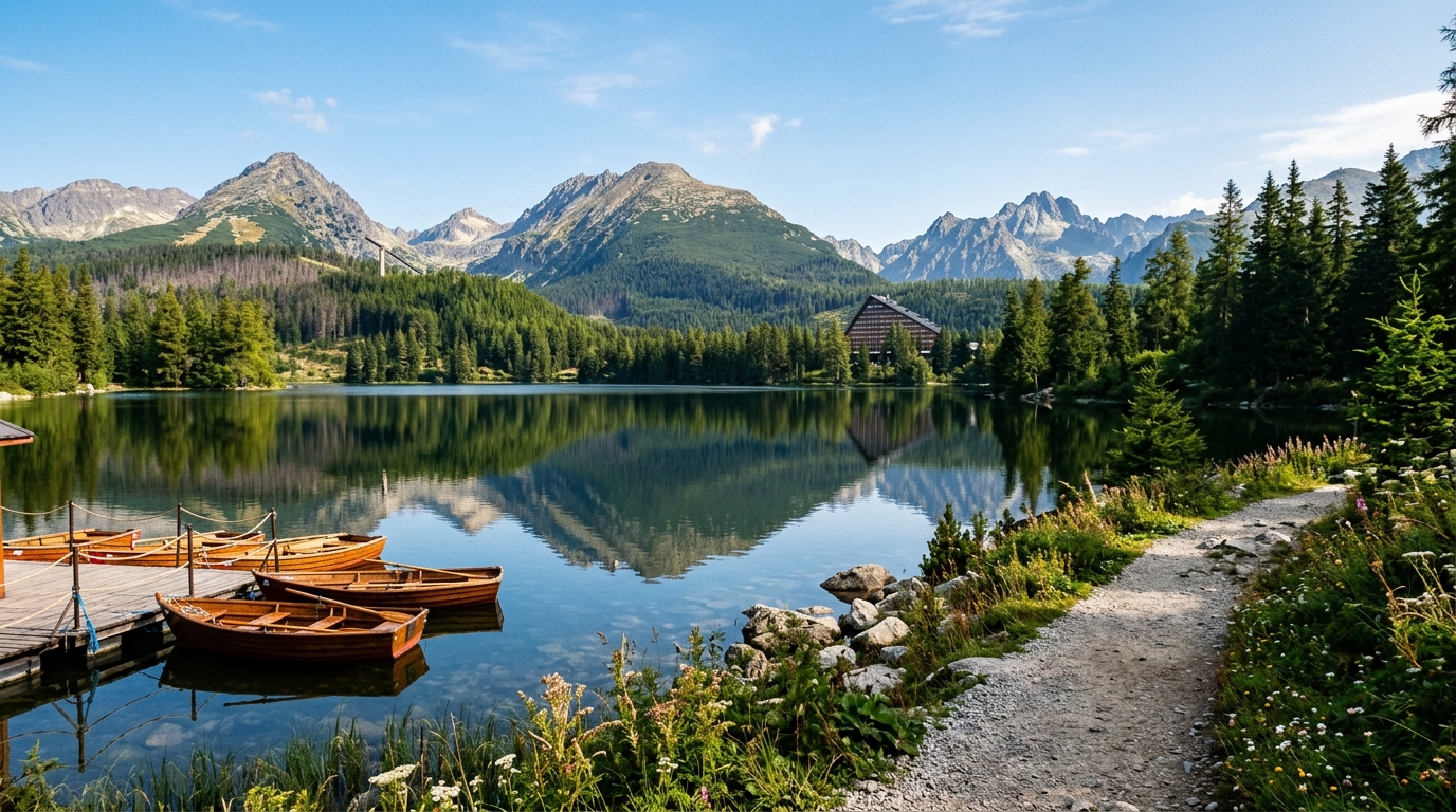 Hiking in the High Tatras: Beginner Trails, Strbske Pleso & Mountain Huts 1 Glacial alpine lake of Strbske Pleso in the High Tatras Slovakia reflecting mountain peaks with wooden rowing boats and hiking path (AI Generated Image)