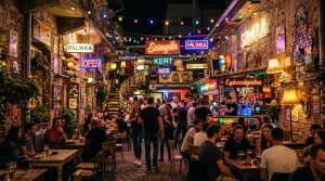 Atmospheric open-air courtyard of Szimpla Kert ruin bar in Budapest Jewish Quarter at night with neon lights and eclectic art (AI Generated Image)