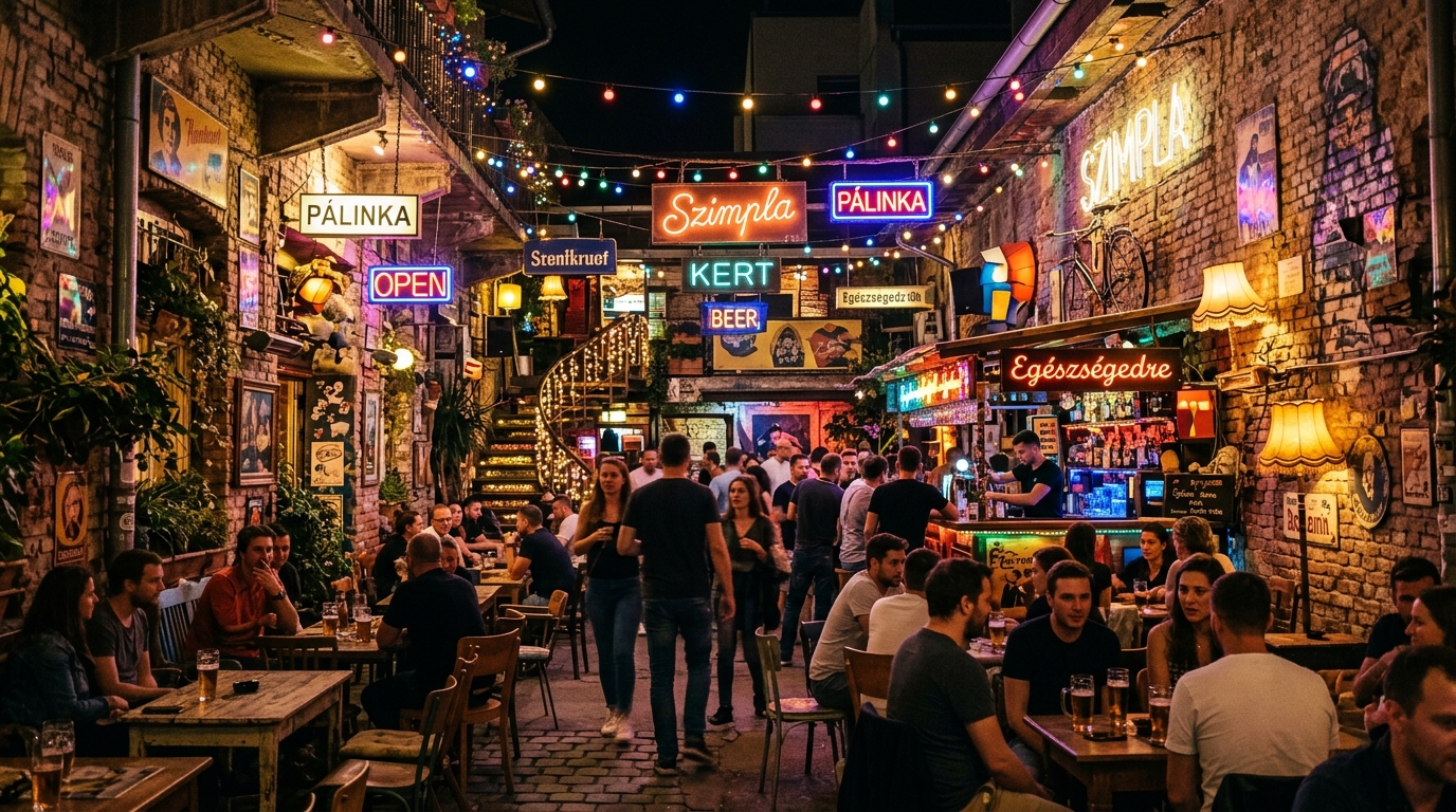 Budapest Ruin Bars Guide: History, Best Locations & Nightlife Etiquette 1 Atmospheric open-air courtyard of Szimpla Kert ruin bar in Budapest Jewish Quarter at night with neon lights and eclectic art (AI Generated Image)