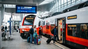 Austrian Federal Railways Regional Express train at Wien Hauptbahnhof platform with digital display showing Bratislava destination (AI Generated Image)