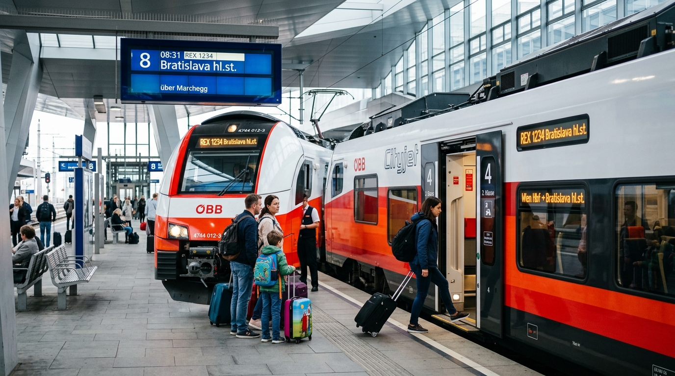 Austrian Federal Railways Regional Express train at Wien Hauptbahnhof platform with digital display showing Bratislava destination (AI Generated Image)