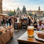 Street cafe and market in Prague Czech Republic on sunny morning (AI Generated Image)