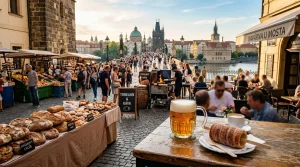 Is Czechia Cheap to Visit? Realistic Travel Costs and Budget Breakdown 2 Street cafe and market in Prague Czech Republic on sunny morning (AI Generated Image)