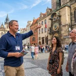 Tour guide and travelers in Old Town Square Prague by Astronomical Clock (AI Generated Image)