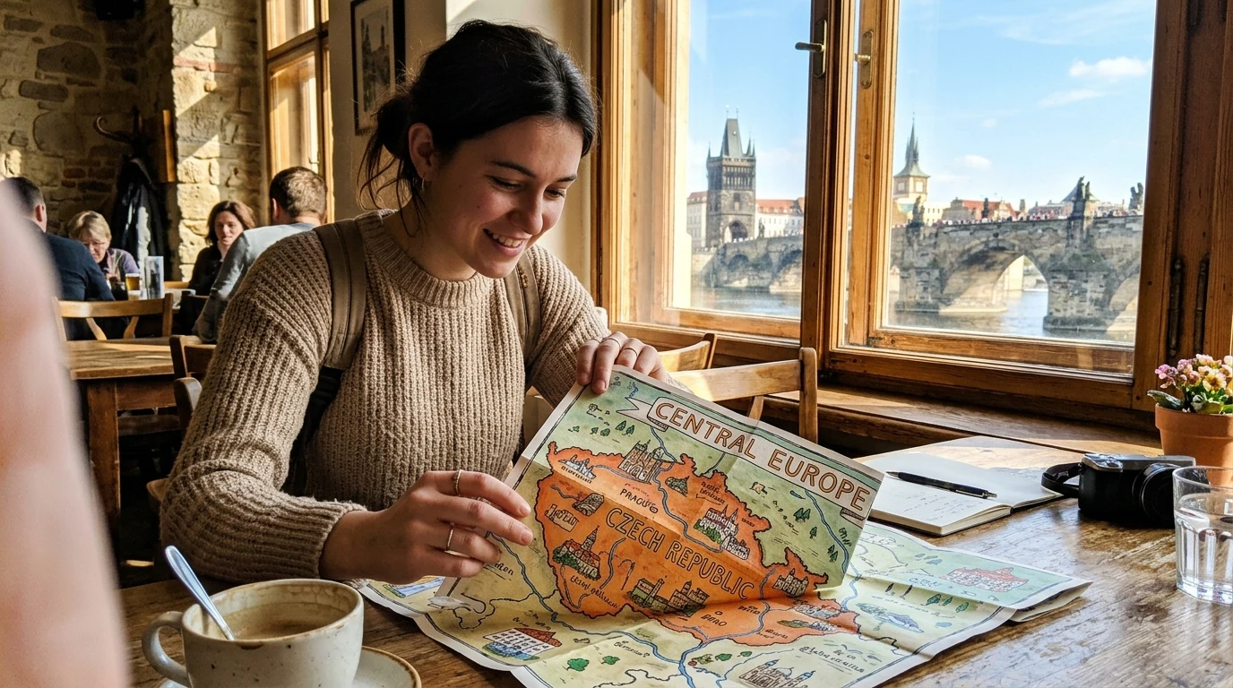 Map of Central Europe showing the Czech Republic in a Prague cafe (AI Generated Image)