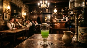 Authentic historic absinthe bar in Prague with traditional water drip fountain (AI Generated Image)
